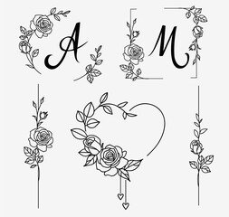Set of decorative frame and border elements with roses for wedding design. Hand drawn sketch. Vector illustration. - 390587729