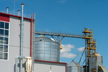 silver silos on agro manufacturing plant for processing drying cleaning and storage of agricultural products, flour, cereals and grain. Large iron barrels of grain. Granary elevator
