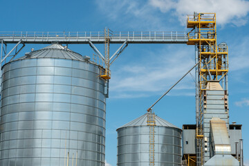 silver silos on agro manufacturing plant for processing drying cleaning and storage of agricultural products, flour, cereals and grain. Large iron barrels of grain. Granary elevator