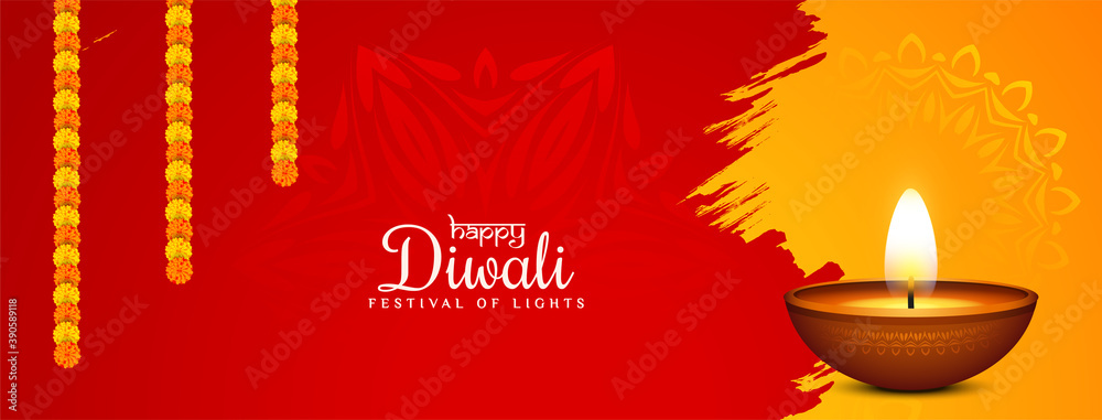 Poster decorative banner design of happy diwali festival with diya