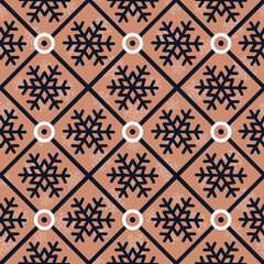 Geometrical seamless pattern with snowflakes in rhombuses; for greeting cards, wrapping paper.