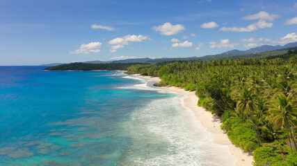Tropical landscape with a beautiful beach in the blue water. Philippines, Mindanao. Summer and travel vacation concept.
