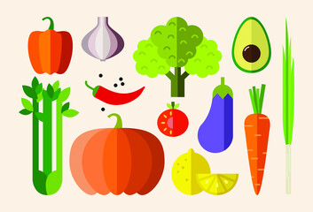 Bright vector illustration of colorful vegetables. Fresh cartoon organic vegetable isolated on white background used for magazine, book, poster, card, menu cover, web pages.