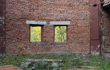 brick building destroyed abandoned room with Windows