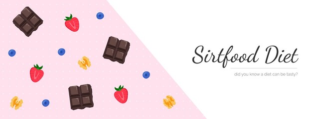 Sirtfood diet can be tasty blog header banner. Allowed during weight loss sweets containing sirtuin proteins. Healthy and easy Adele diet sirtfood snacks: blueberry, strawberry, walnut, chocolate bar