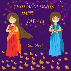 new normal for diwali festival India people wearing mask and stay social distancing for safe from coronavirus.vector illustration 