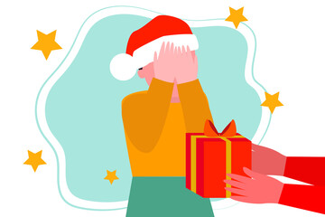 The child closed his eyes waiting for a gift, a surprise gift, gifts for Christmas. Give gifts, holiday flat illustration