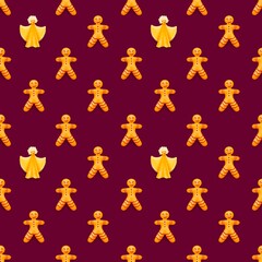 seamless pattern with christmas gingerbread man and guardian angel, raster illustration, hand-drawn