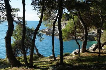Sunny day in October 2016. Autumn on the coast of Pula, Istria, Croatia. View on Adriatic sea. Rocks.