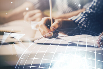 Man with double exposure international connection concept icons.