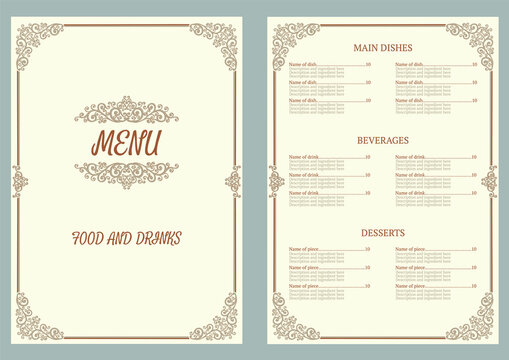 Restaurant menu design. Vector menu brochure template for cafe, coffee house, restaurant, bar. Vector illustration.