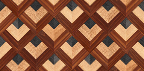 Dark parquet floor with chevron pattern. Rough wooden surface. Seamless wooden panel for wall decor. Wood texture background.  
