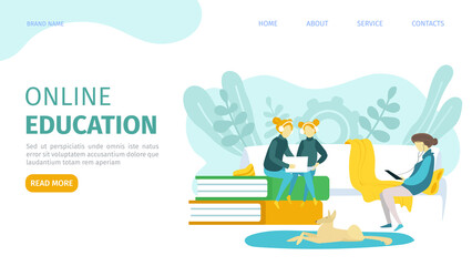 Online education landing page flat vector illustration. Learning courses or school in internet. Children with books study online, educational projects webpage. Distance university, training and study.