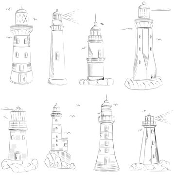 Lighthouse vector set illustrations, sea sketch drawn pictures isolated on white background for line web design 