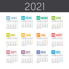 Colorful year 2021 calendar, in French language, isolated on white background. Week starts Monday. Vector template.