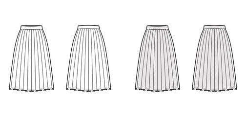 Skirt side knife pleat technical fashion illustration with below-the-knee silhouette, circular fullness, thick waistband. Flat bottom template front, back white grey color style. Women, men CAD mockup