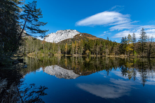 the "Kreuzteich" near the famous "Gr&uuml;ner See / Green lake" an the Pribitz mountain left and the Messnerin mountain right in the "Hochschwab" mountainrange, Styria, Austria on a clear autumn day