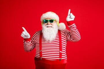 Fototapeta na wymiar Portrait of his he handsome bearded fat overweight cheerful Santa listening music bass single song stereo sound dancing having fun isolated bright vivid shine vibrant red color background