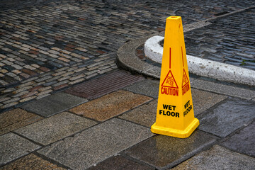 Yellow cone with caution slippery surface sign, on wet stone tiles pavement