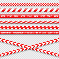 Realistic red barricade tape. Police warning line. Danger or hazard stripe. Under construction sign. Vector illustration.