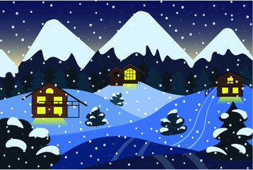 Fototapeta premium Chalet, alps, winter evening, light in the window