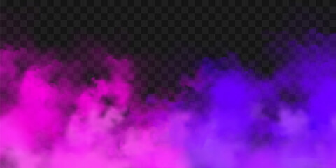 Realistic colorful smoke clouds, mist effect. Fog isolated on transparent background. Vapor in air, steam flow. Vector illustration. © 32 pixels