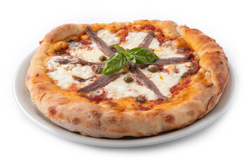 Deliziosa pizza con mozzarella, sugo, capperi e alici