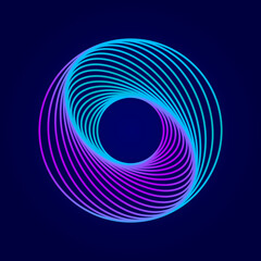 Abstract swirling symbols. Twisted wireframe tunnel. Curved blue shape. Technology glowing logo element.