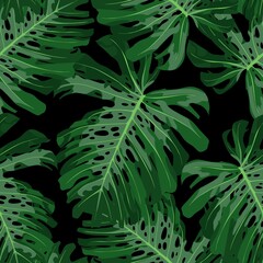 Green pattern with monstera palm leaves on black background. Seamless summer tropical fabric design.