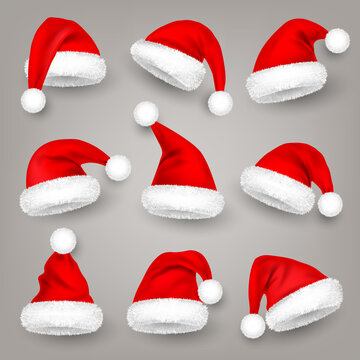 Christmas Santa Claus hats with fur. New Year red hat. Winter cap. Vector illustration.