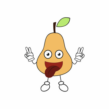 Pear with eyes shows tongue and funny gesture. Funny pear smiles. Cute fruit character for greeting cards, emoticons, banners on social networks and the Internet.
