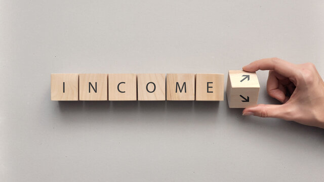Wooden cubes with the inscription: income and two arrows up and down. Increase or decrease in income