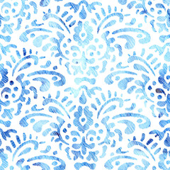 Seamless blue and white pattern in Victorian style. Wavy watercolor print for home textiles. Embroidered grunge texture. Vector illustration.