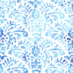 Seamless blue and white pattern in Victorian style. Wavy watercolor print for home textiles. Embroidered grunge texture. Vector illustration.