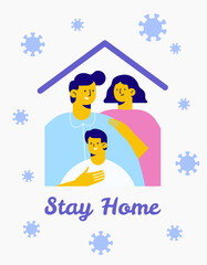 Family together at home during the coronavirus epidemic. Stay home and save lives. Quarantine and self-isolation. Flat vector illustration