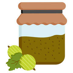 Gooseberries Jam Jelly glass jar Concept Vector Color Icon Design, Fruit preserves and Spread Condiment Symbol on White background, Ready To Eat Sweet Food Sign