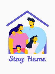 Family together at home during the coronavirus epidemic. Stay home and save lives. Quarantine and self-isolation. Flat vector illustration