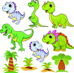 Set of different funny dinosaurs and plants for kids.