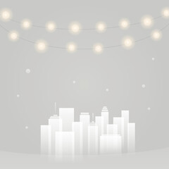 Snowy cityscape and hanging decorative lights illustration