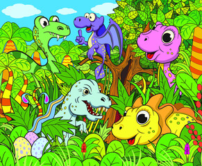 Obraz premium Set of different funny dinosaurs in the jungle.