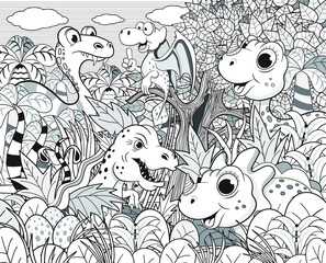 Fototapeta premium Set of different funny dinosaurs and plants coloring for children