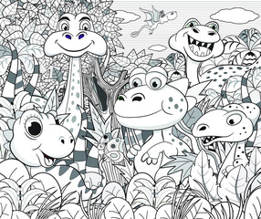 Set of different funny dinosaurs and plants coloring for children
