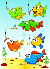 Set of funny colorful fish for fishermen.