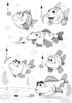 Set of funny fishes for fishermen