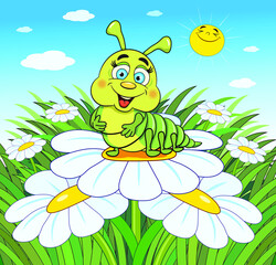 Funny caterpillar on a flower against the sky