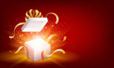 Red opened 3d realistic gift box with magical shining glow and golden ribbons flying off cover, place for your text on red background, realistic box with shine vector illustration
