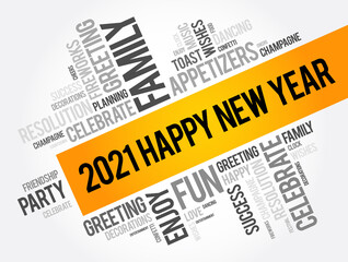 2021 Happy New Year greeting word cloud collage, Happy New Year celebration greeting card