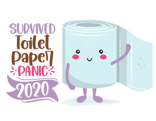Survived Toilet Paper Panic 2020 - Funny toilet paper in kawaii style. Coronavirus covid-19 funny character Xmas greeting cards, invitations. For ugly Christmas sweaters, t-shirt, mug, gift, holiday 