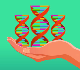 Open hand with DNA molecular structure genetics science image vector illustration.
DNA elements helix spiral.