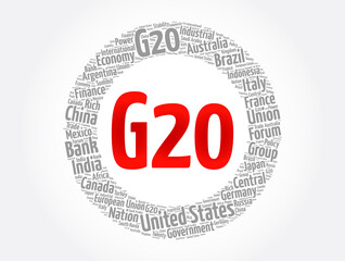 The G20 (or Group of Twenty) international forum 19 countries, word cloud concept background
